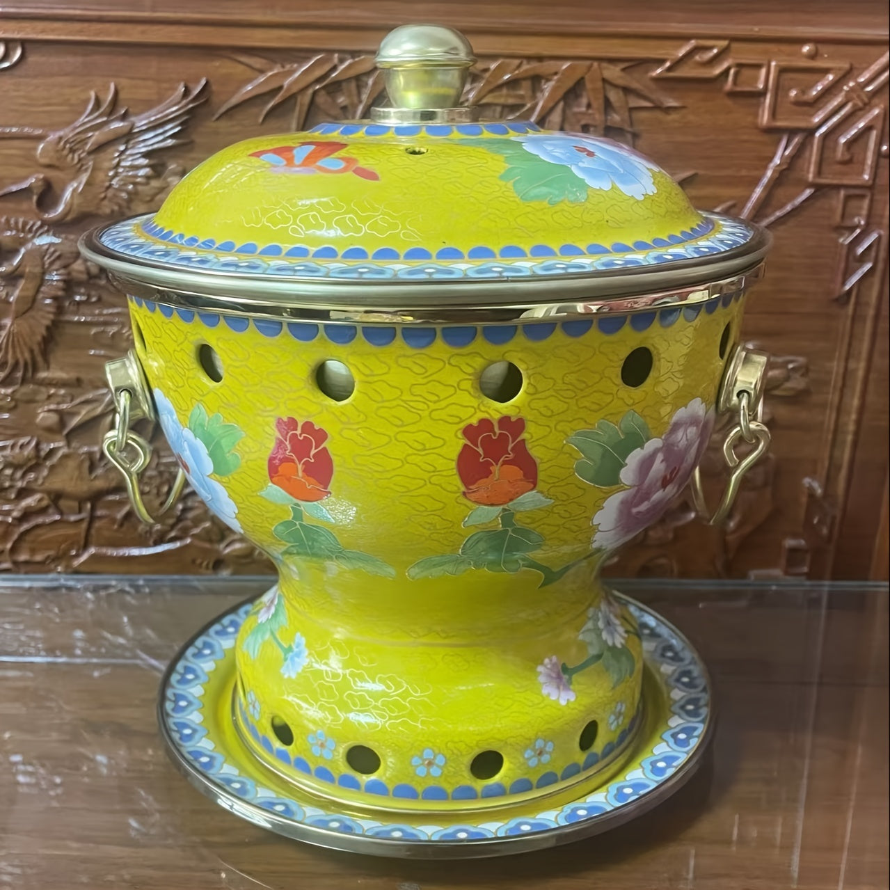 Yellow Floral Enamel Hot Pot with Brass Lining for Family or Individual Use