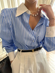 Blue and White Striped Button-Up Shirt for Adults Long Sleeve Polyester Office Casual