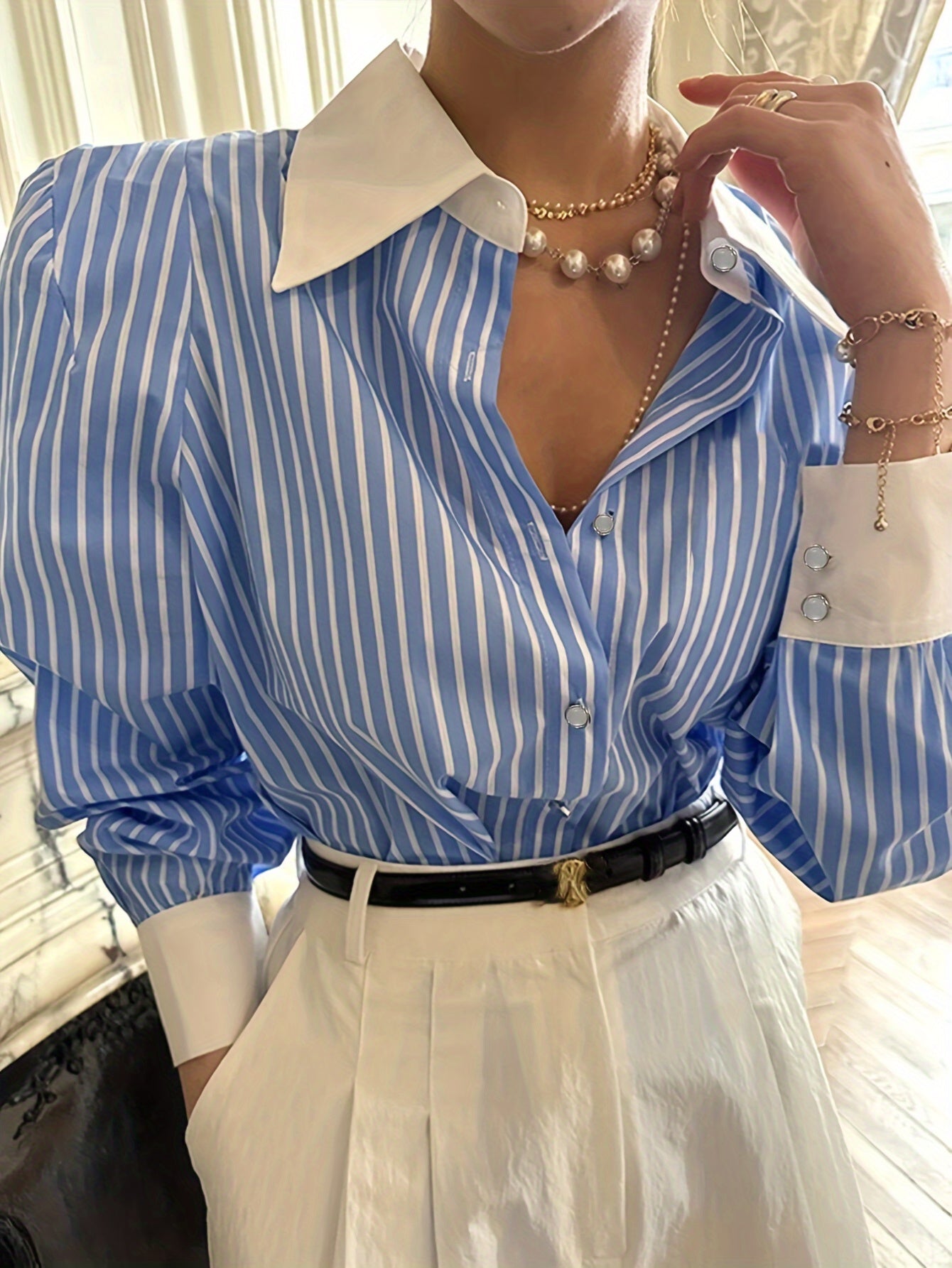 Blue and White Striped Button-Up Shirt for Adults Long Sleeve Polyester Office Casual