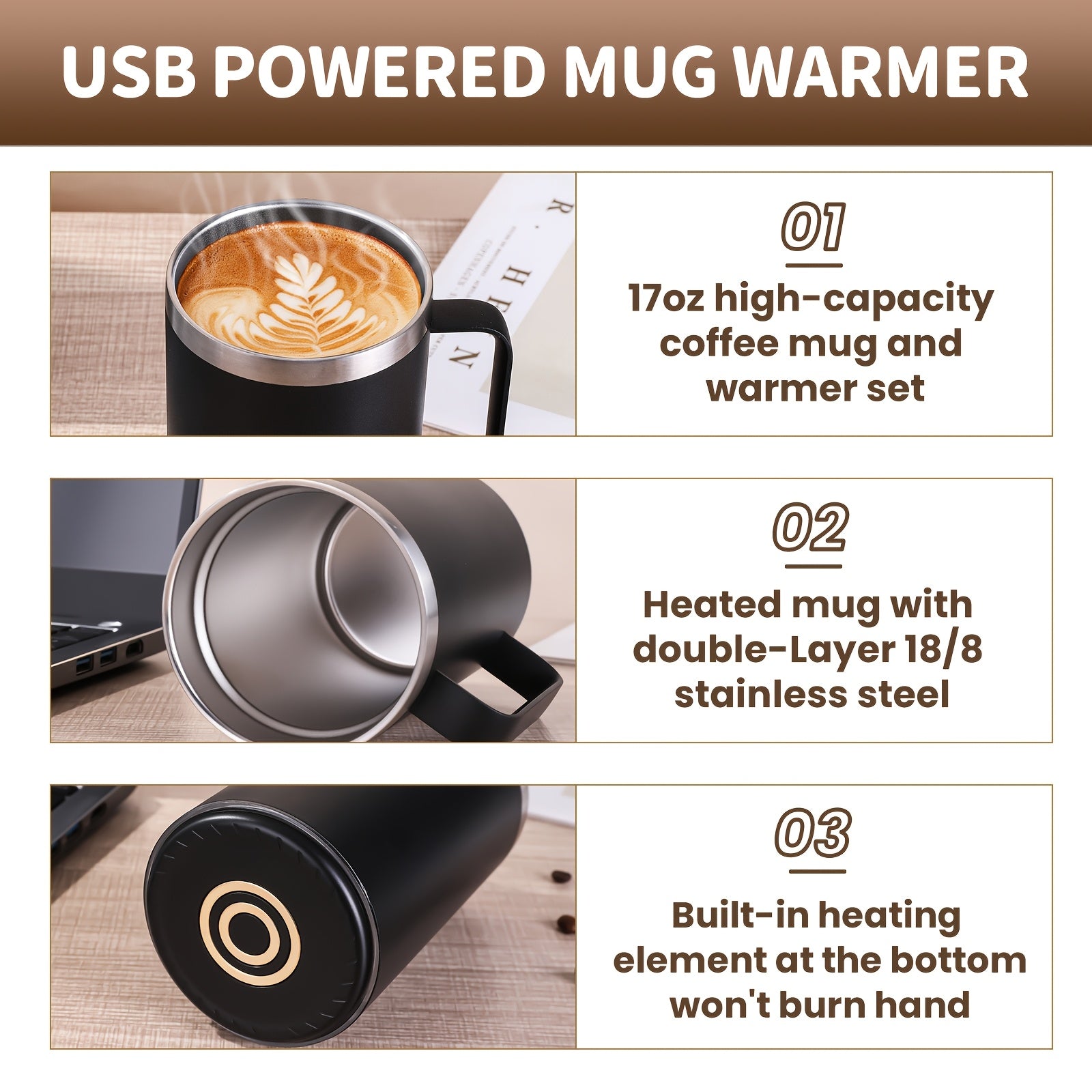 Large Stainless Steel Heated Coffee Mug with Lid USB Portable Hot Drink Keeper