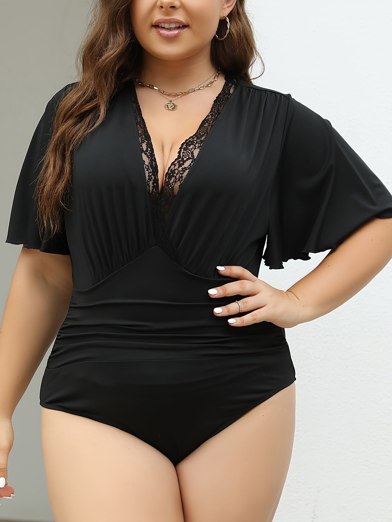 Plus Size Lace Stitching Bodysuit Short Sleeve V Neck Ruched Women's Clothing