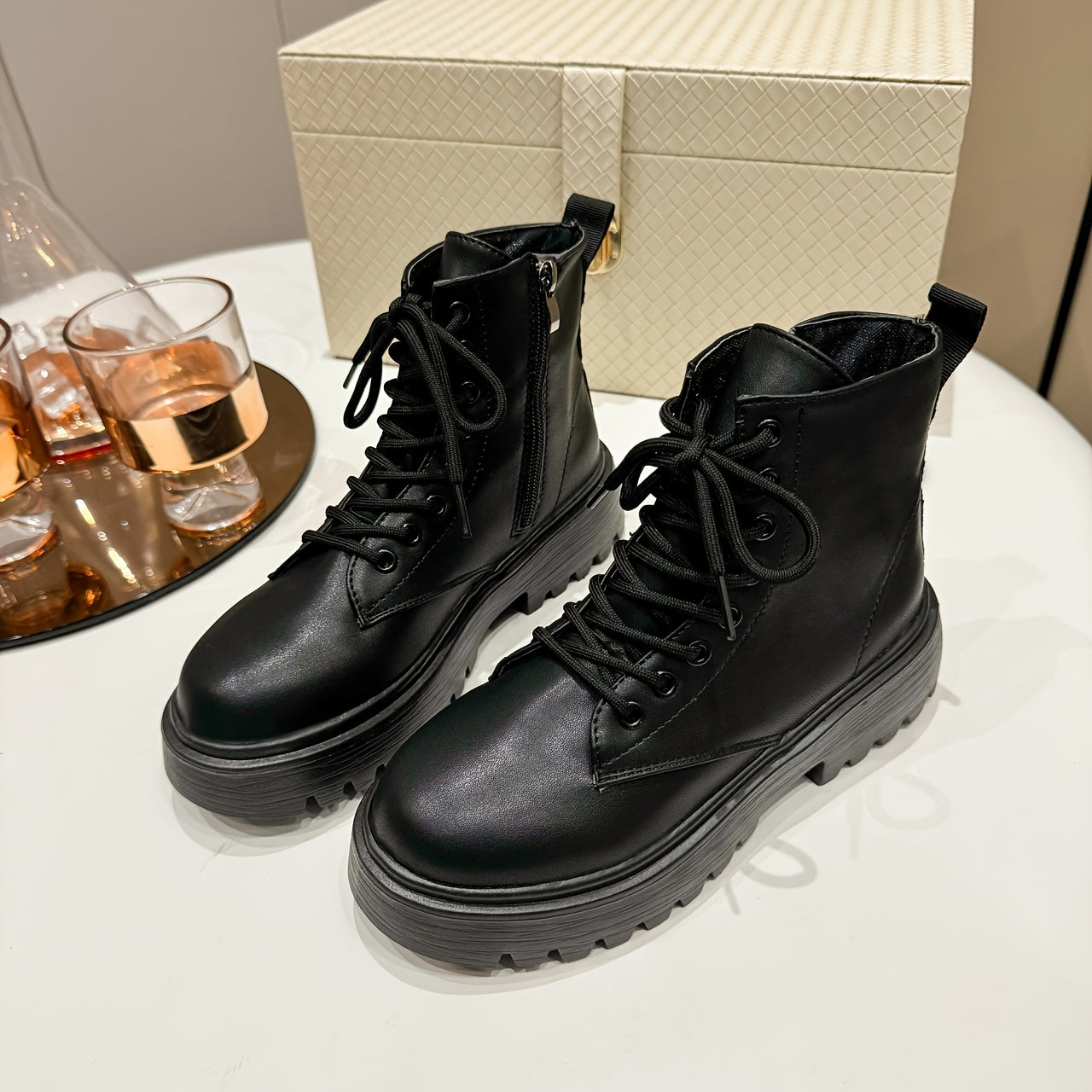 Women's Black Platform Ankle Boots with Zipper, Low Heel, All-Season