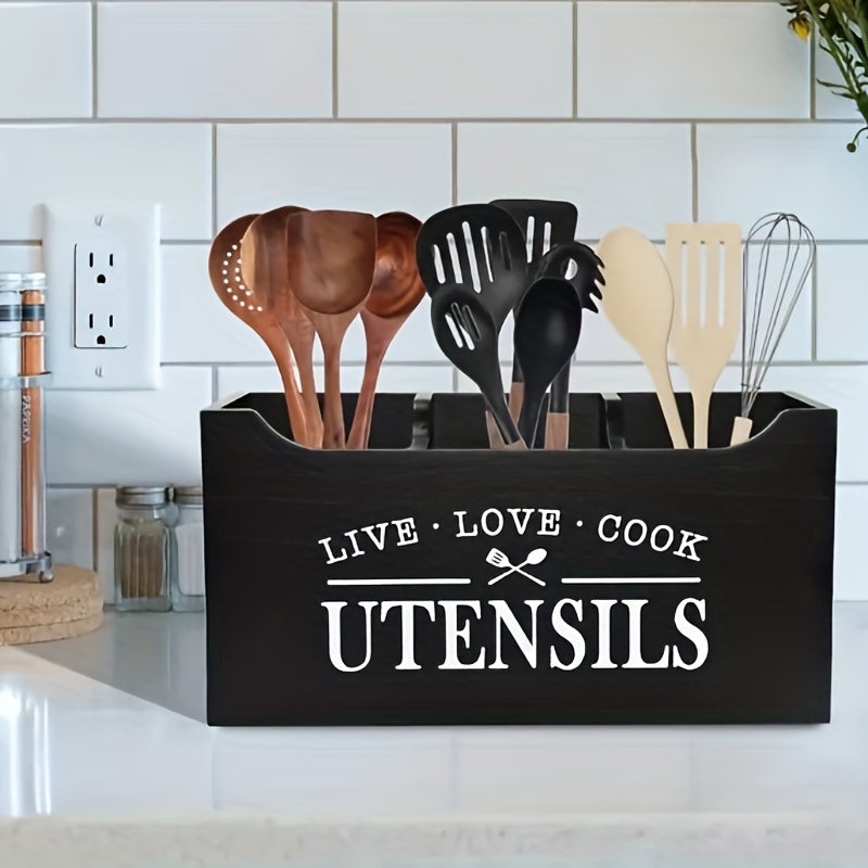 Caddy de utensilios de cocina de madera con parte superior abierta y motivo Vive, Ama, Cocina