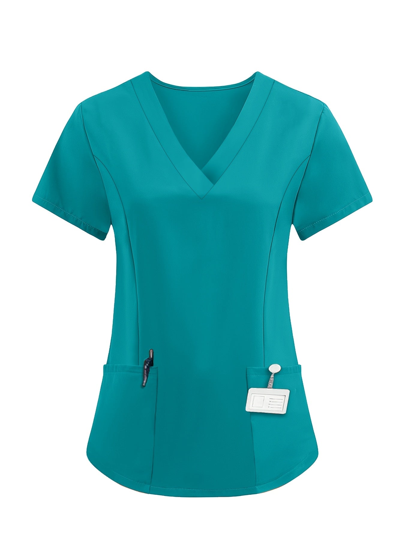 Short-Sleeve V-Neck Work Shirt with Patch Pocket and Hand-Washable Polyester