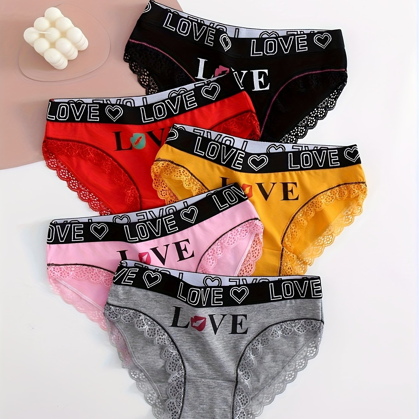 Women's Cotton Briefs Set 5 Pieces Lace Letter Print Scallop Trim Underwear