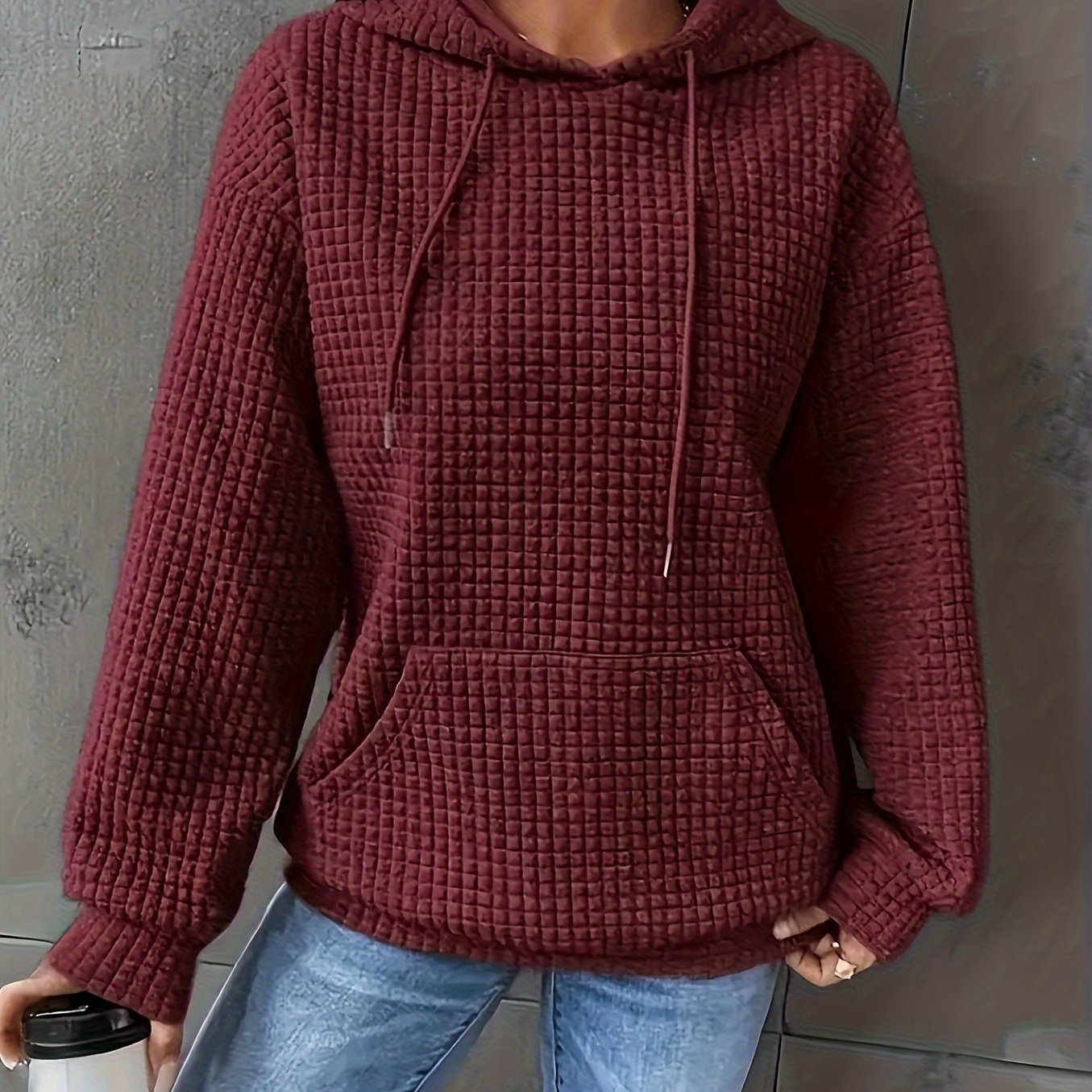 Plus Size Waffle Hoodie Long Sleeve Casual Kangaroo Pocket Sweatshirt