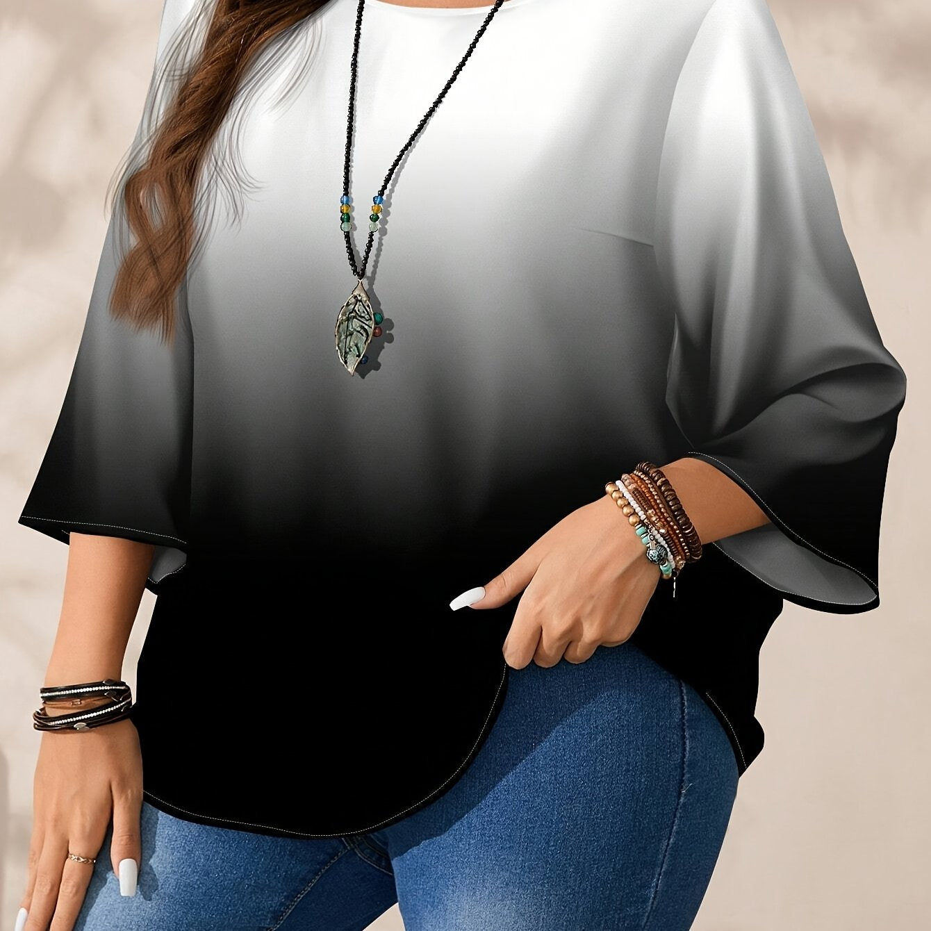 Plus Size Women's Gradient Blouse Office Wear Mid-Length Three-Quarter Sleeves Polyester