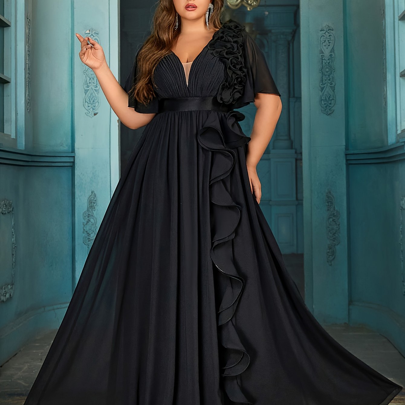 Plus Size Black Maxi Dress with V-Neck Ruffle Sleeves and Lace Details for Evening Events