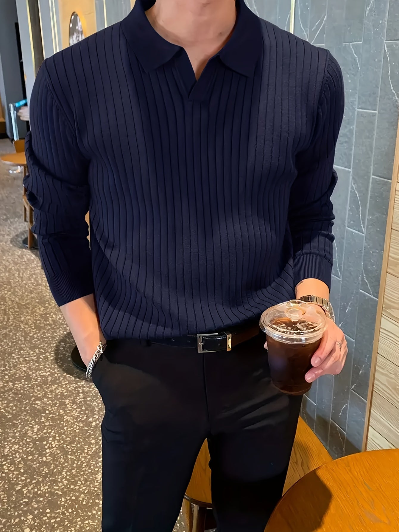 Suéter de cuello polo para hombre de corte regular, manga larga, color sólido, de rayón, para otoño y primavera