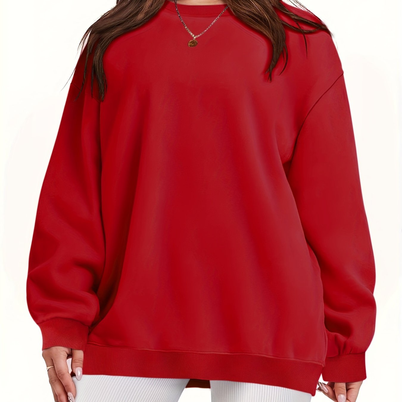 Plus Size Women's Solid Long Sleeve Crew Neck Sweatshirt Casual Fall Spring