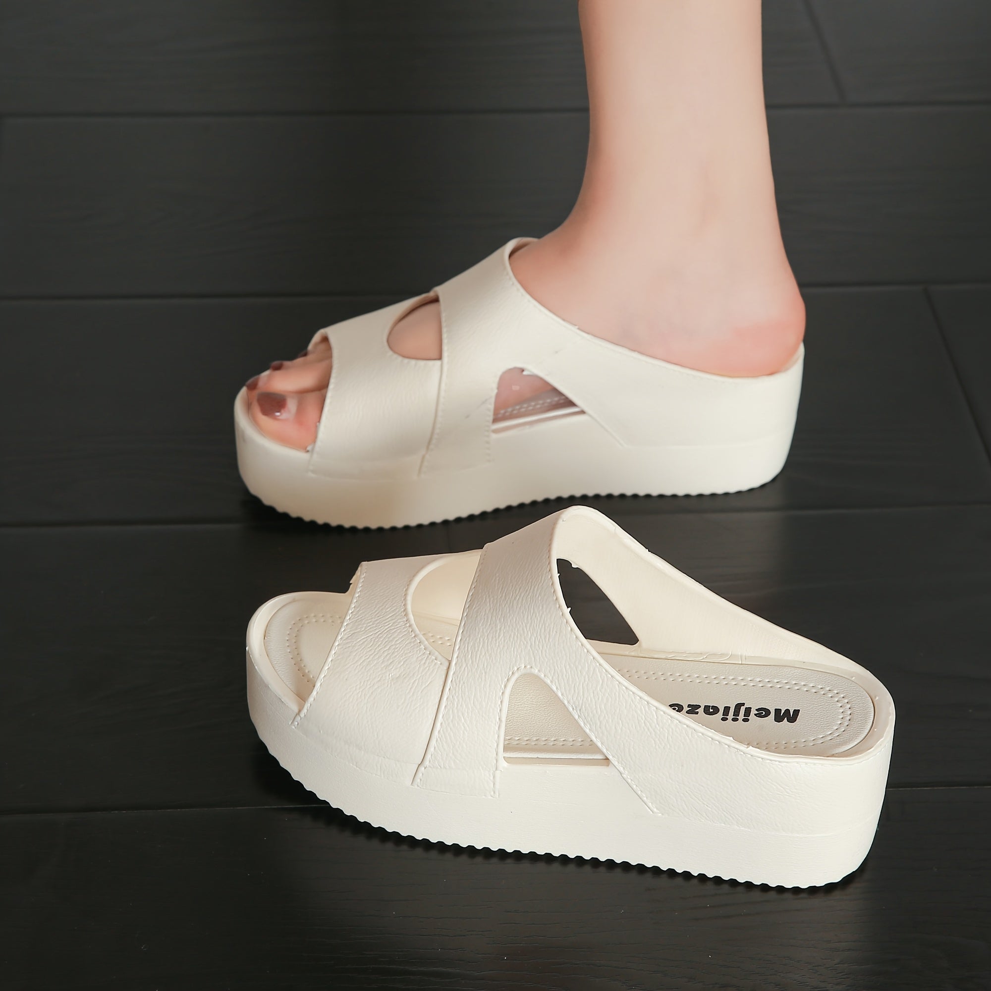 Women's PVC Thick-Soled Open-Toe Wedge Sandals Flat Casual Shoes
