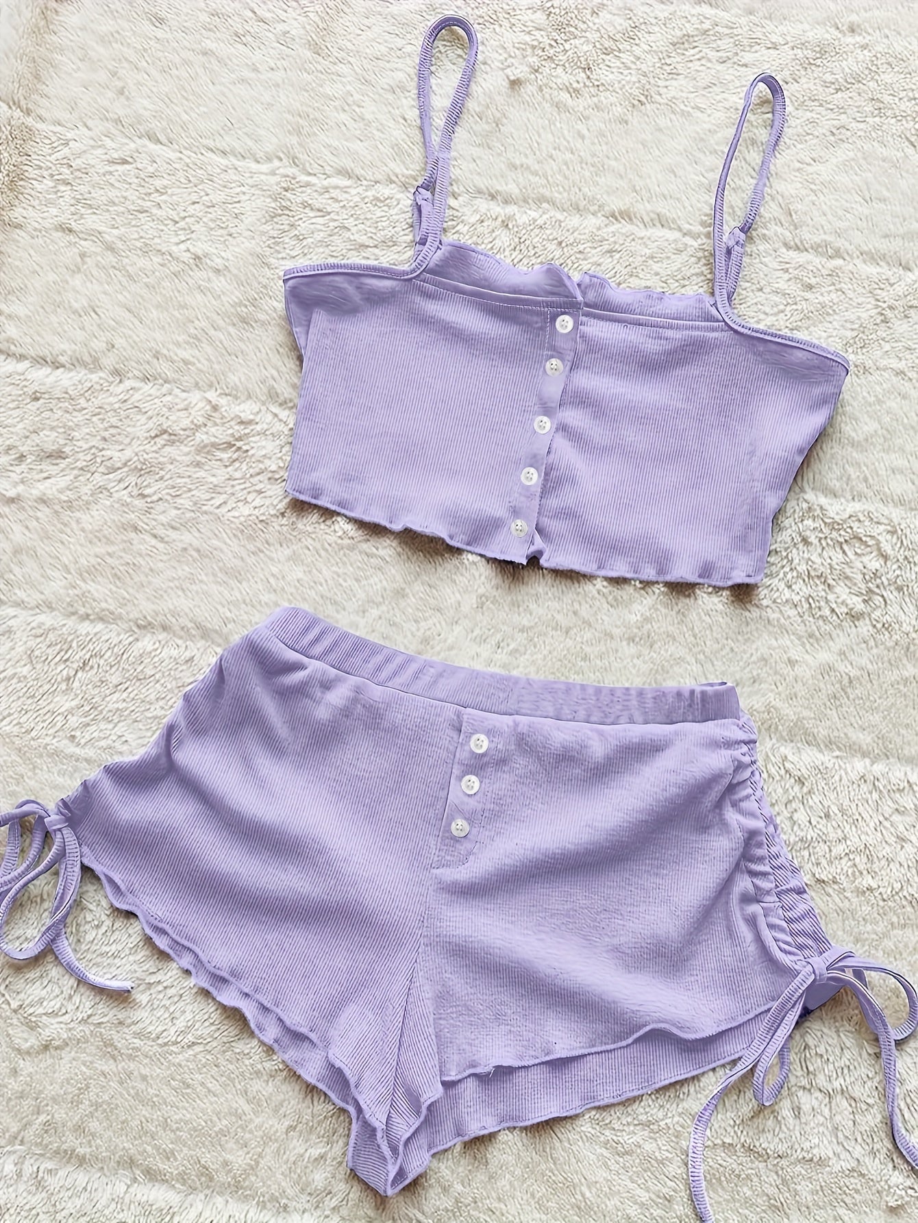 Women's Solid Knit Lounge Set with Camisole Top and Drawstring Shorts for Summer