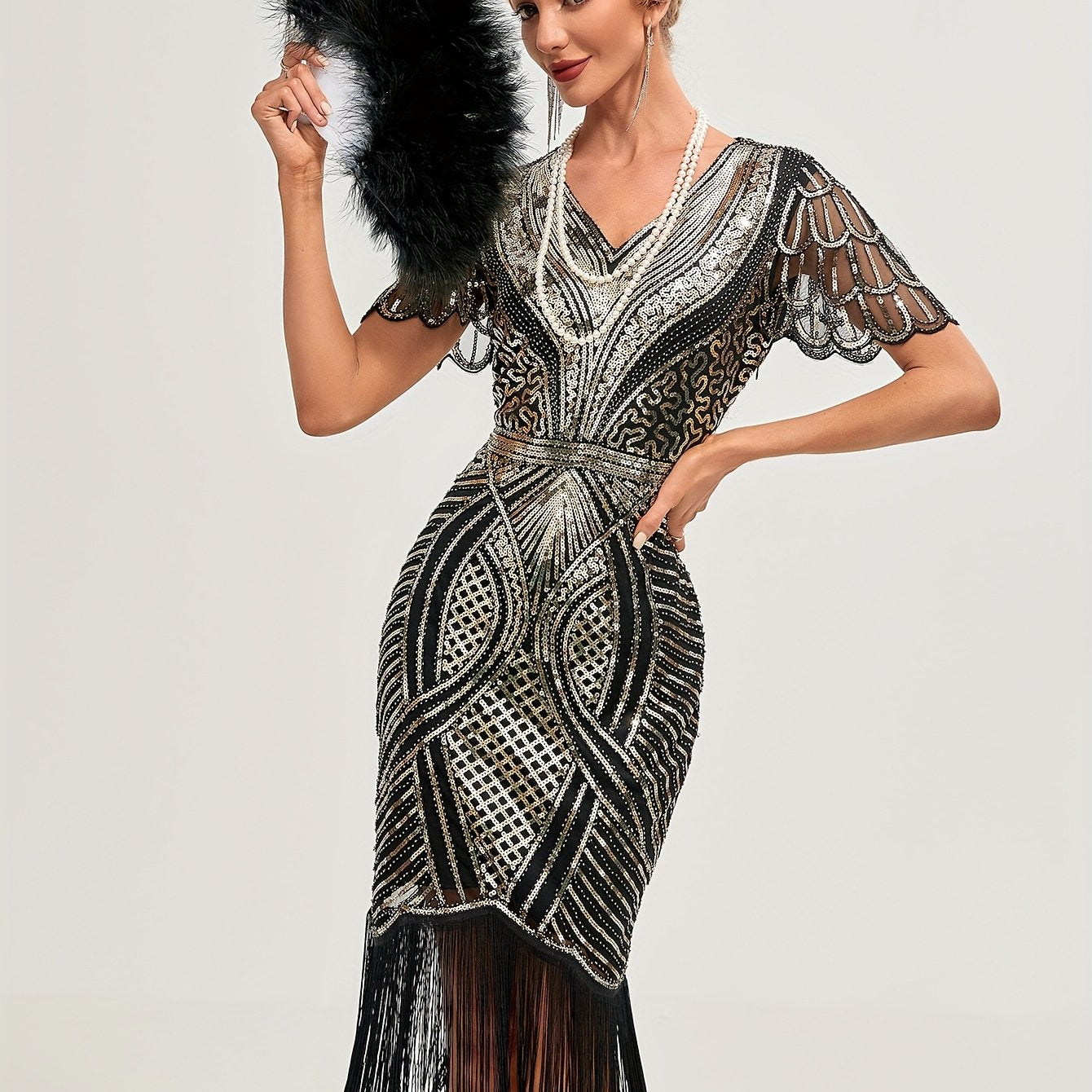 Women's Sequin V-Neck Midi Dress with Tassels and Embroidery