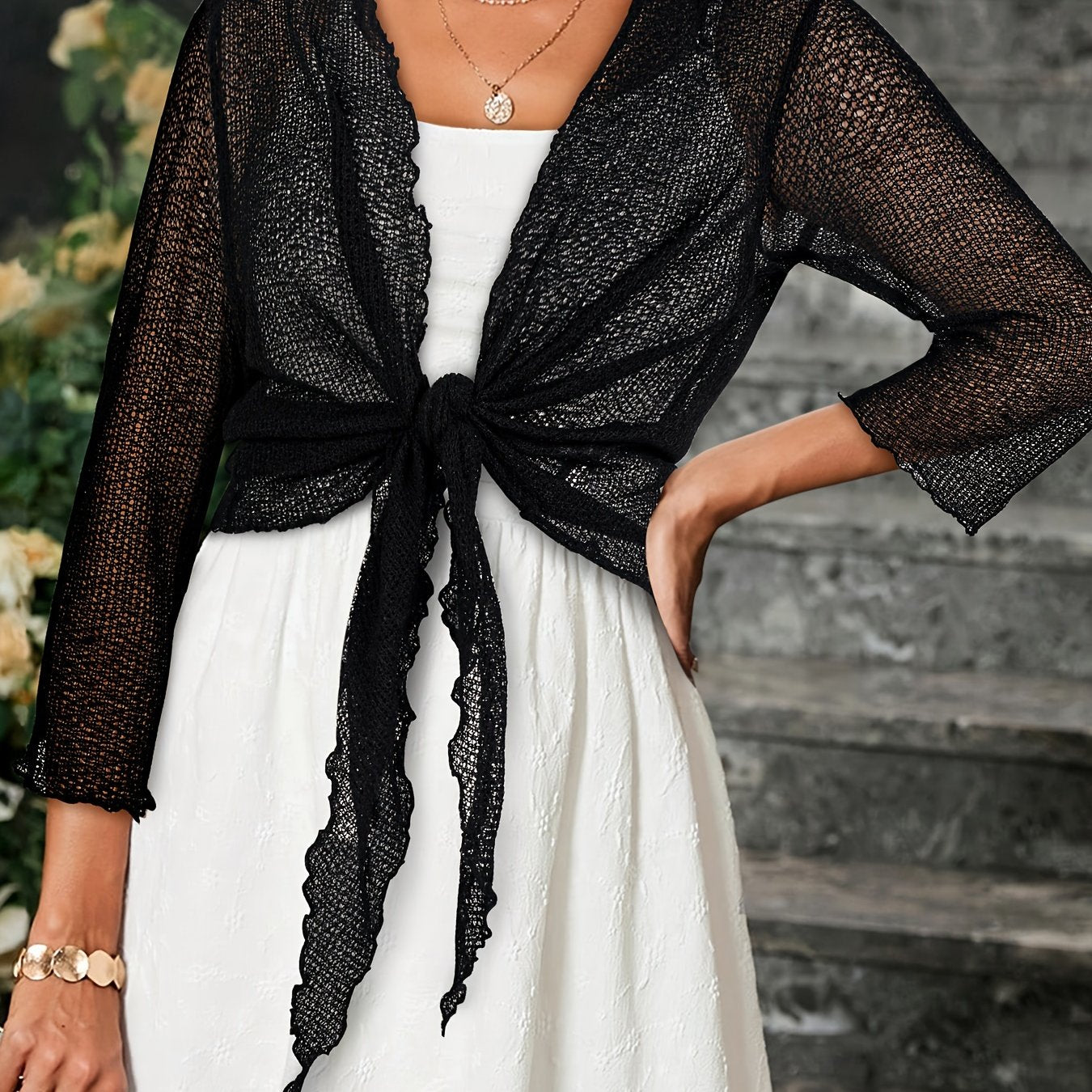 Plus Size Women's Tie Front Top Casual 3/4 Sleeve Kimono Spring Summer