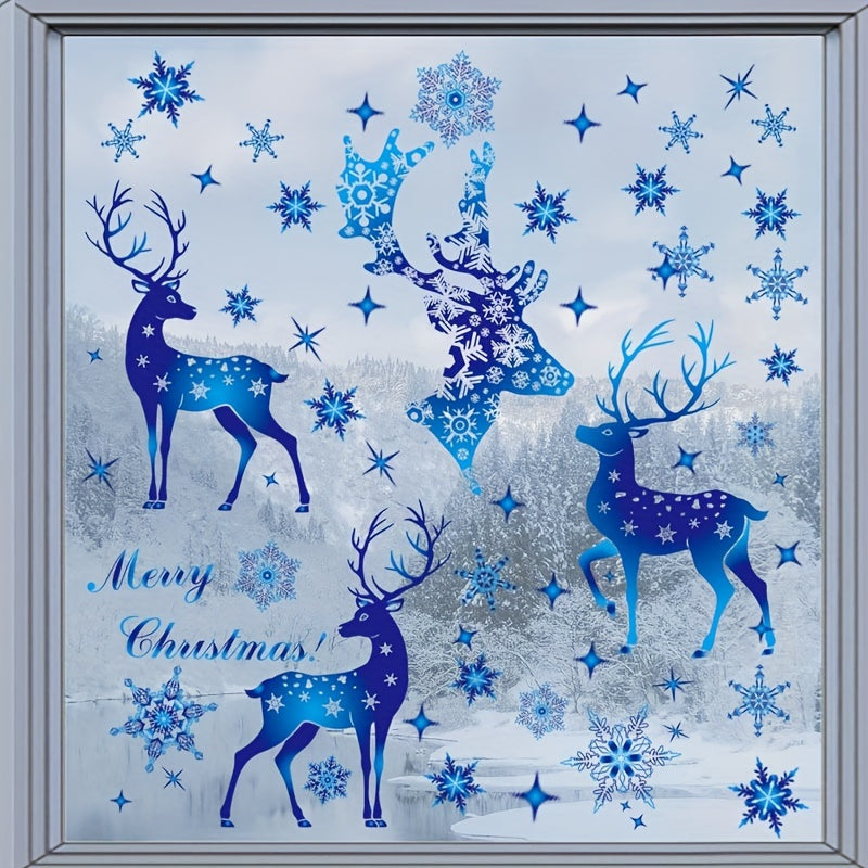 Christmas Window Decorations Set 5 Pieces Blue Snowflake and Deer Stickers Removable