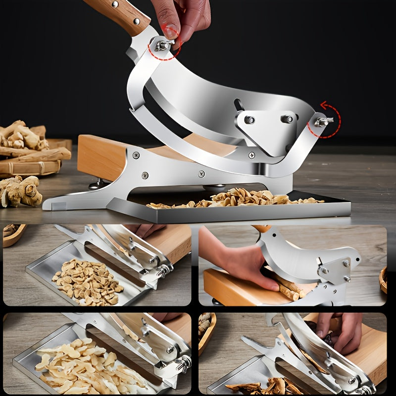 Stainless Steel Chinese Medicine Slicer with Adjustable Handle and Wooden Base