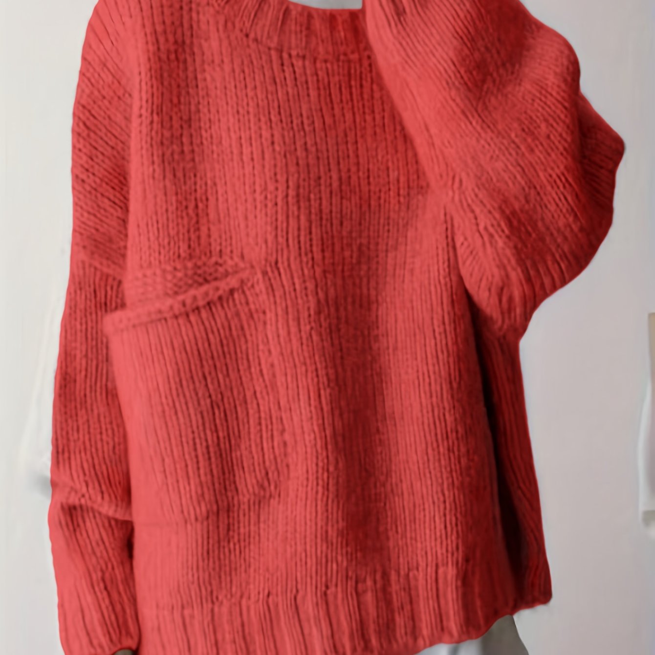 Suéter de punto verde de talla grande para mujer con bolsillos, cuello redondo, manga larga y cómodo