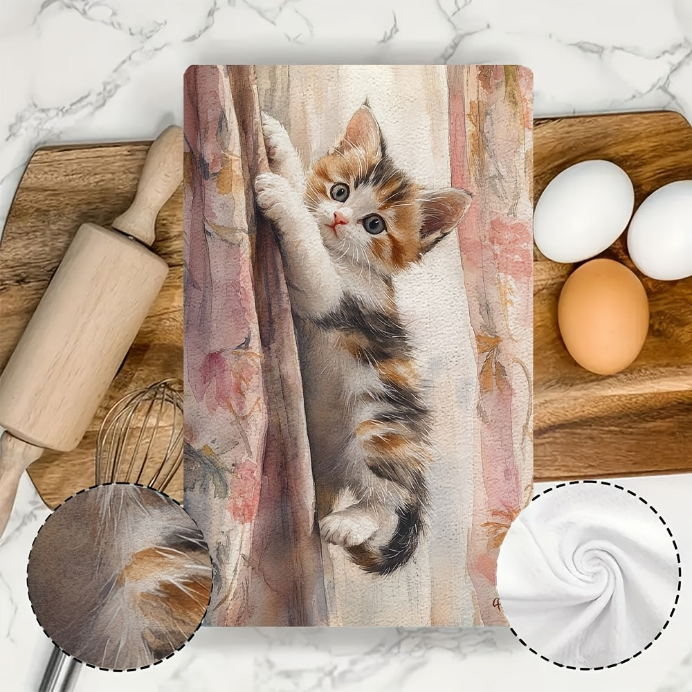 Two Pieces Ultra Soft Kitchen Towels Kitten Climbing Curtains Floral Pattern