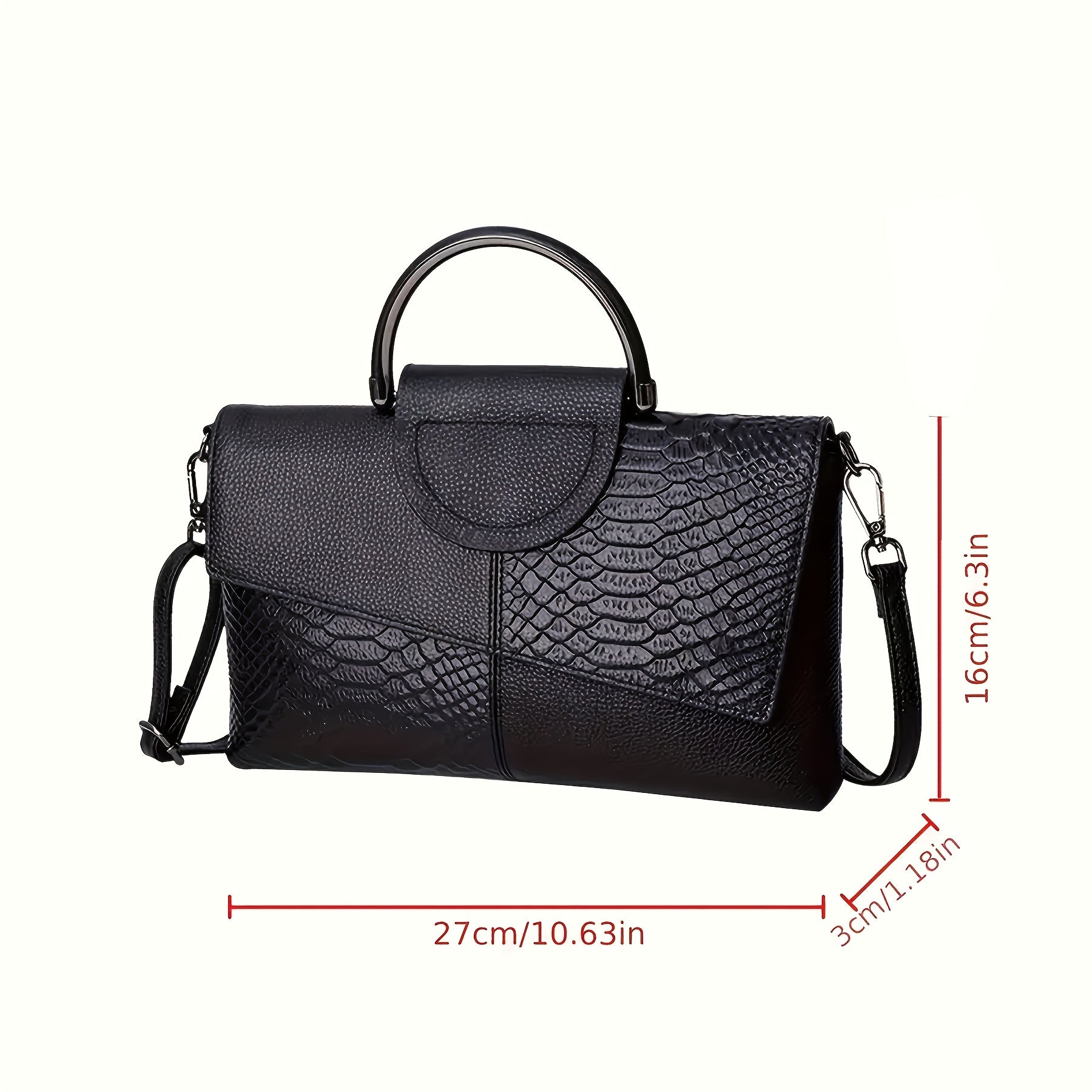 Crocodile Pattern Faux Leather Handbag for Work and Shopping Black
