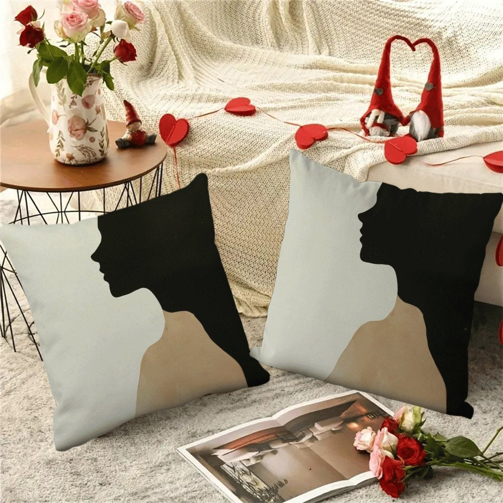 Set of 2 Abstract Face Silhouette Pillow Cases 45.72cm Flannel Zipper Machine Washable