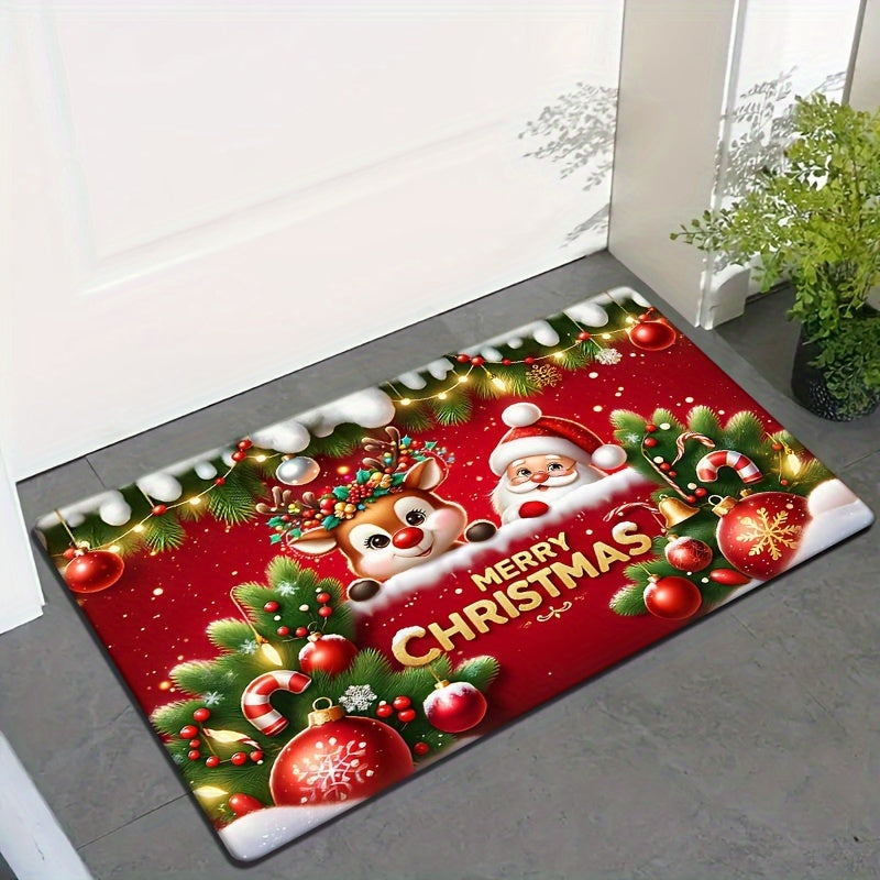 Red Flannel Christmas Door Mat Non-Slip Santa Reindeer Pattern Thickened Sponge