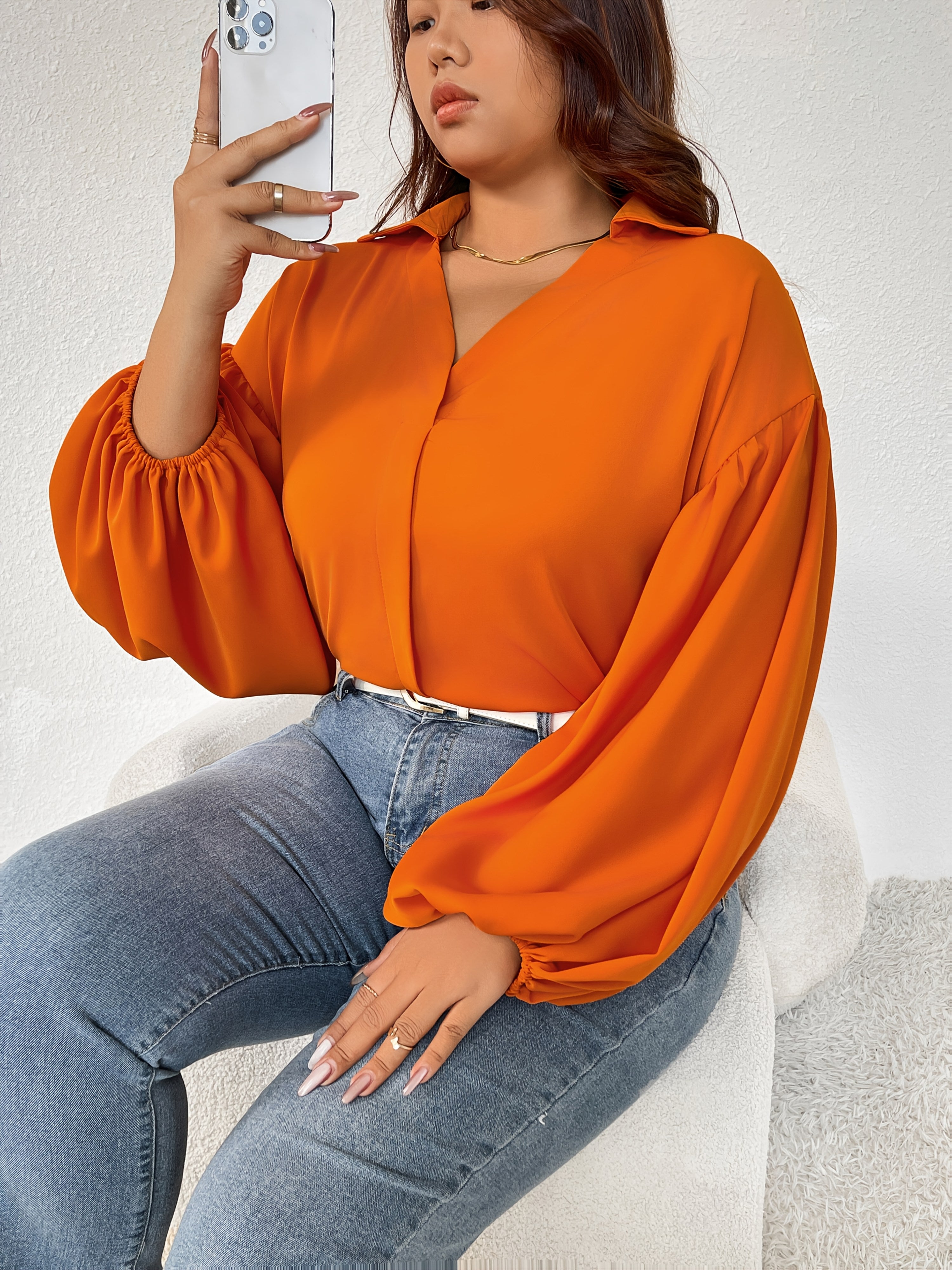 Ayollar uchun Noyob Ko'k V-yuynli Bluz Uzun Qo'l To'liq Kundalik kiyim