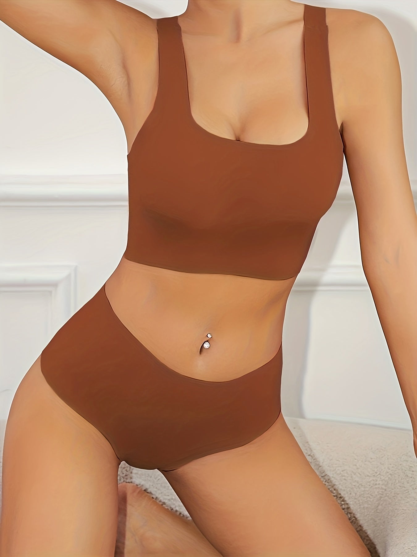 Seamless Wireless Racerback Lingerie Set with Matching Elastic Panties for Women