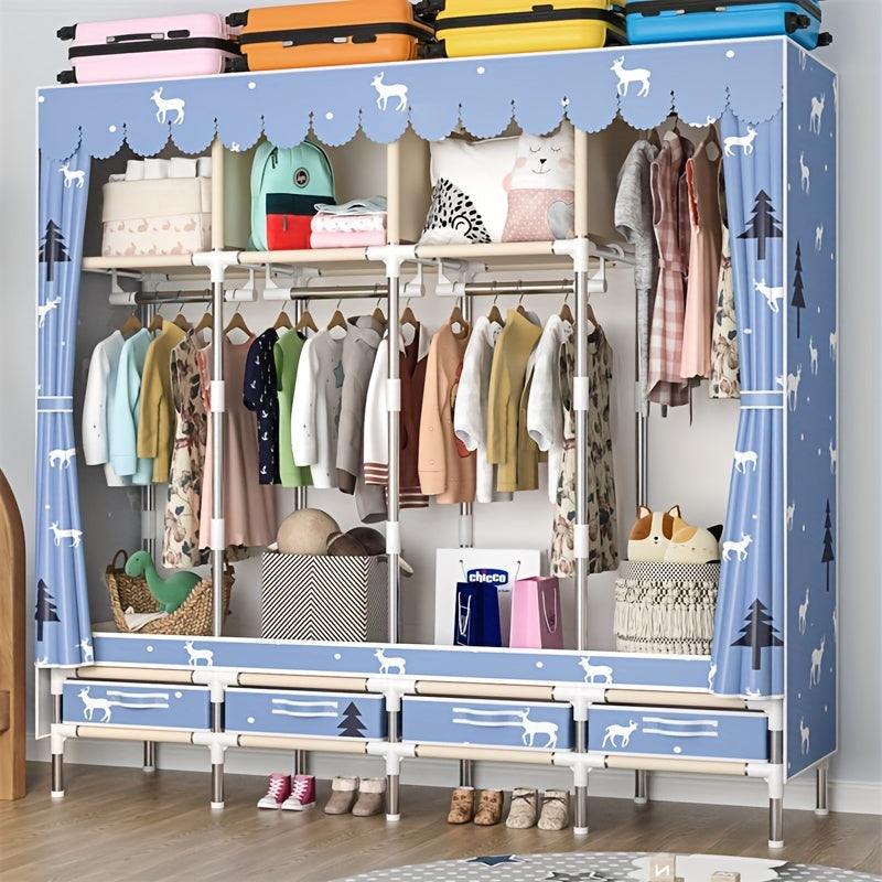 Wooden Bedroom Wardrobe with Steel Frame and Multiple Storage Compartments