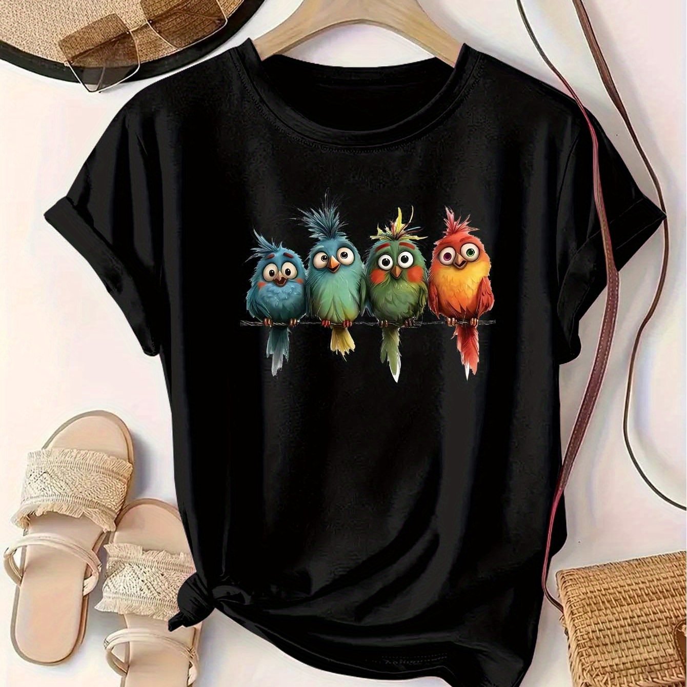 Plus Size Women's Casual Short Sleeve T-Shirt Vibrant Red Cartoon Birds Print