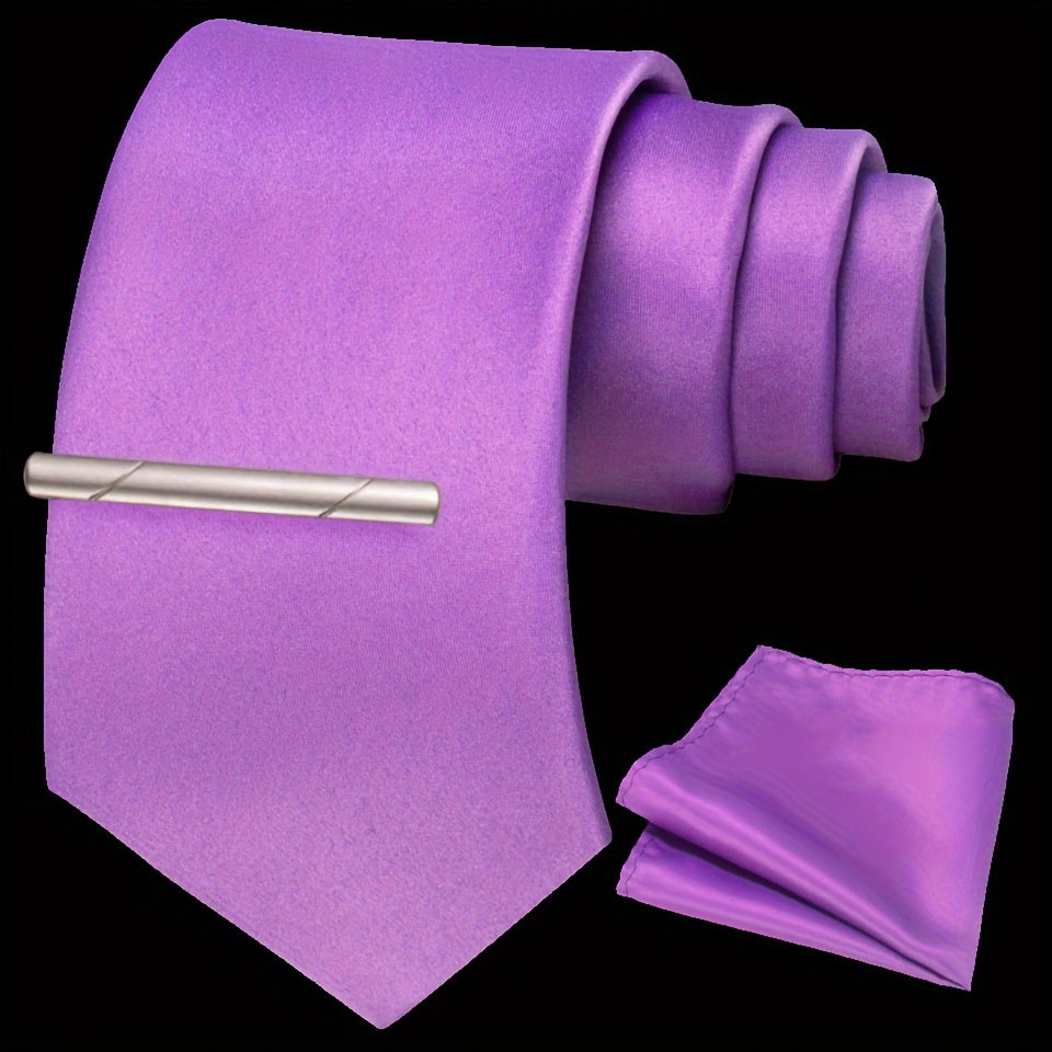 Erkaklar uchun bir rangli ipak aksessuarlar to'plami, galstuk, cho'ntak sharf, sochiq, galstuk klipi, rasmiy kiyimlar va sovg'alar uchun