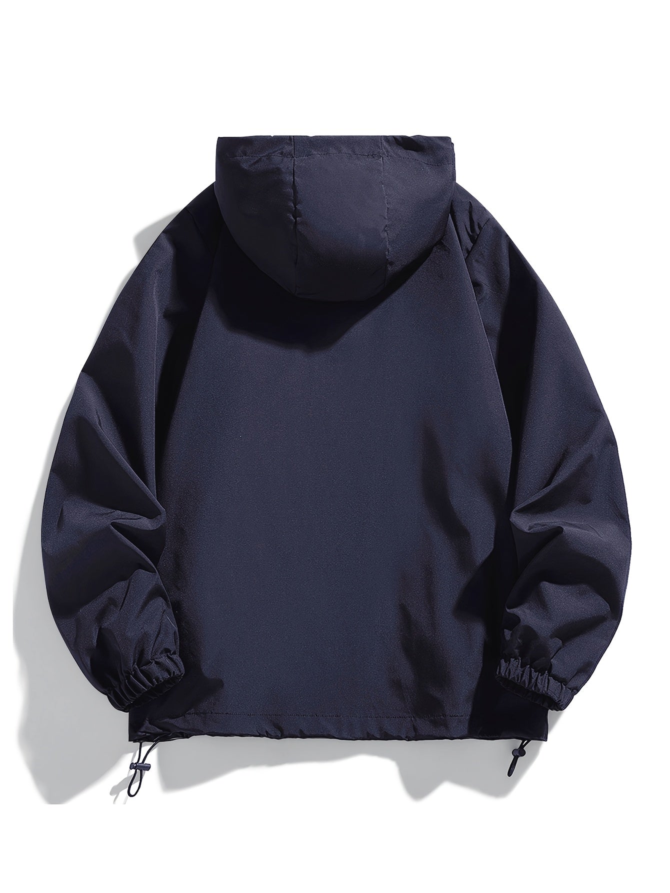 Men's Navy Blue Polyester Hooded Windbreaker Jacket for Spring and Fall