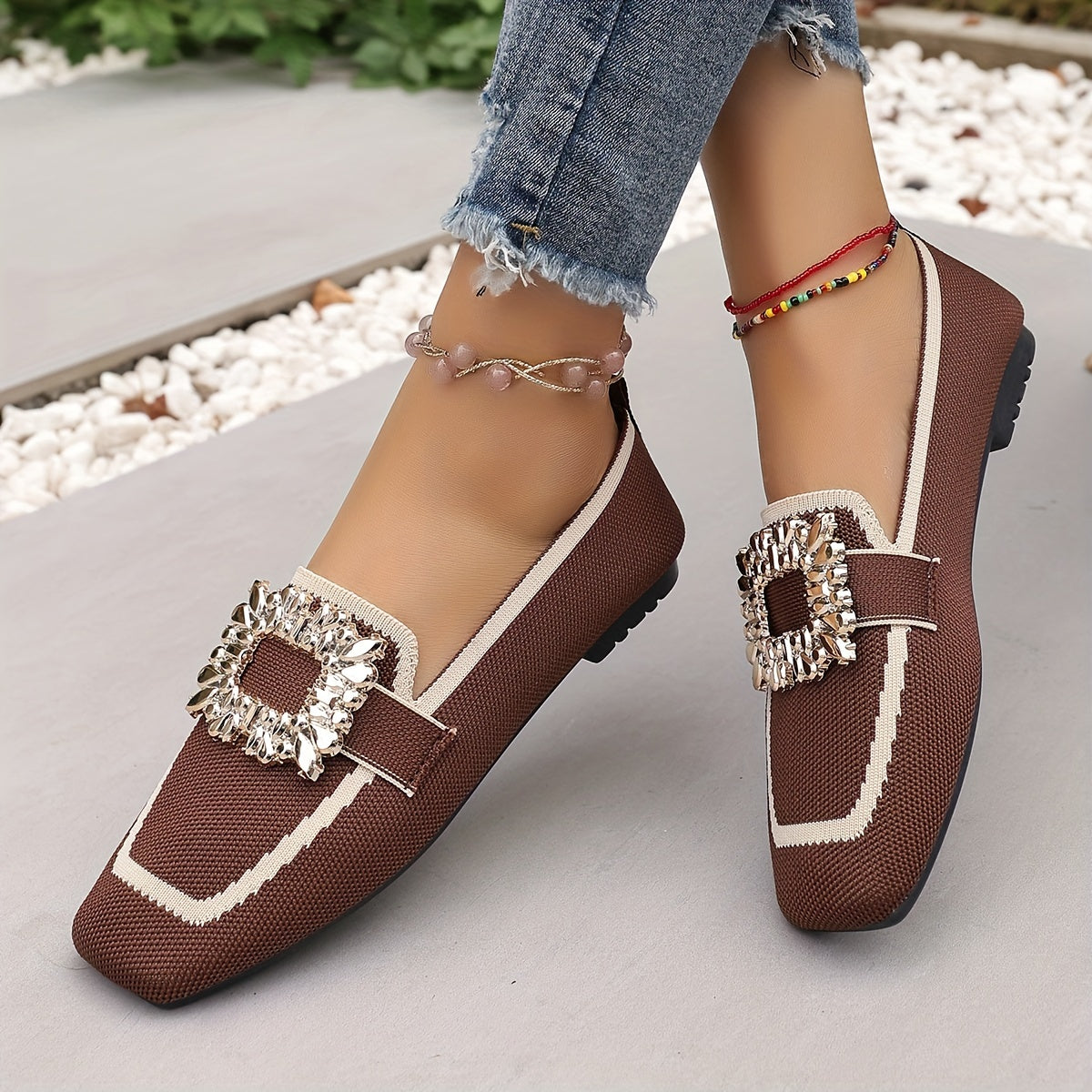 Women's Casual Square Toe Flats Breathable Fabric Slip-On Shoes