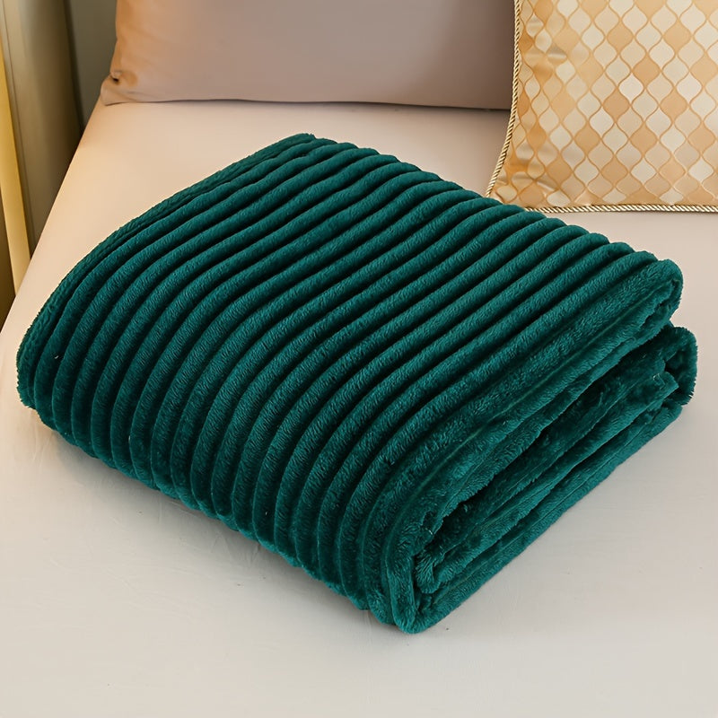 Contemporary Green Striped Velvet Knit Throw Blanket for All Seasons