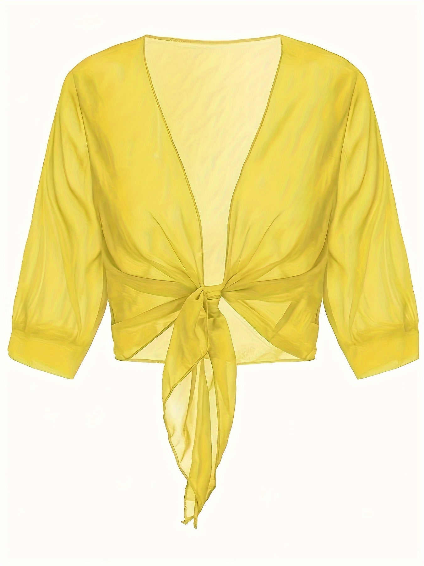 Plus Size Women's Semi-Sheer Tie-Front Blouse Vibrant Yellow Black Long Sleeve Top