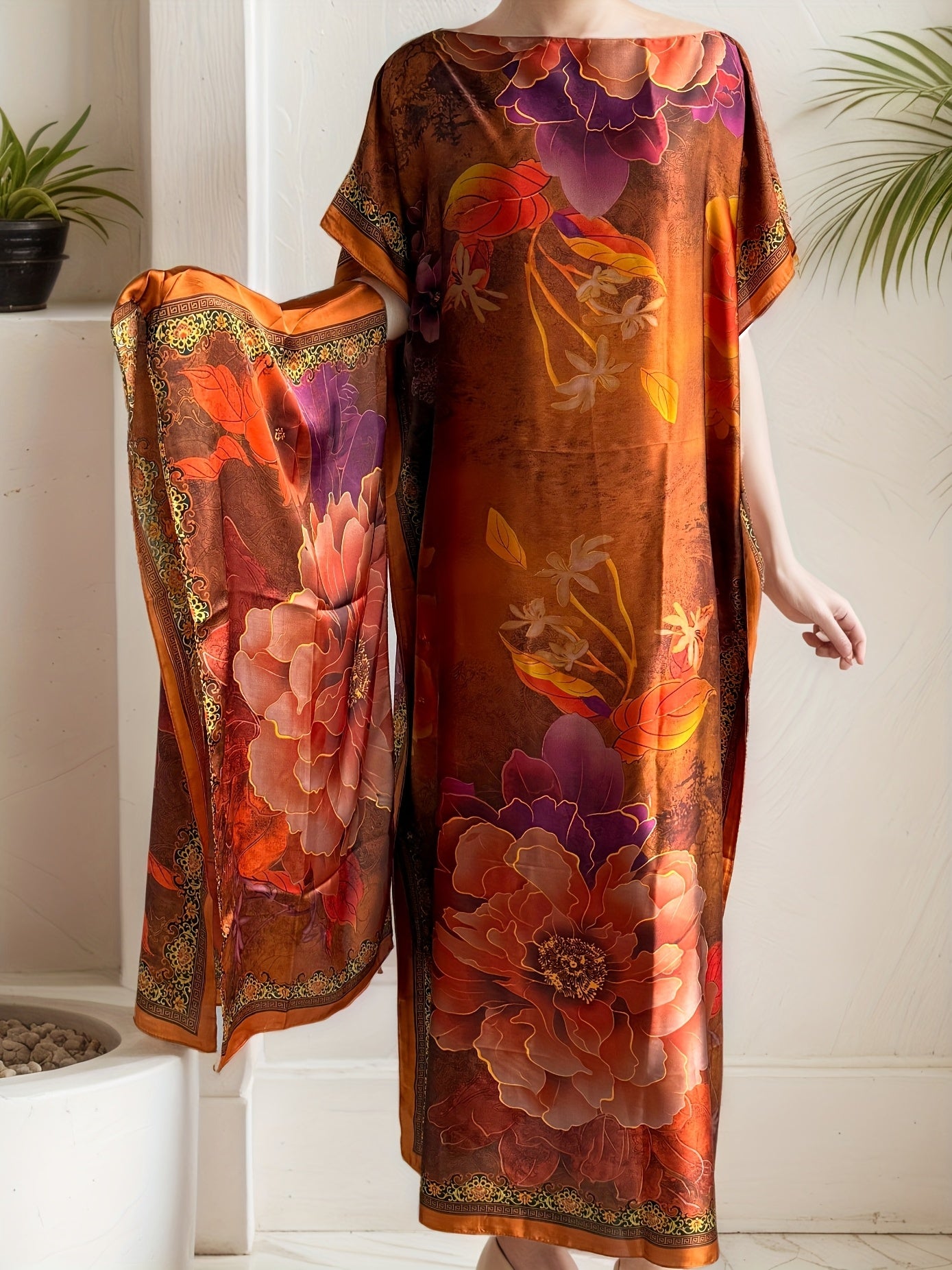 Plus Size Women's Turkish Kaftan Dress with Scarf Vibrant Orange-Red Maxi