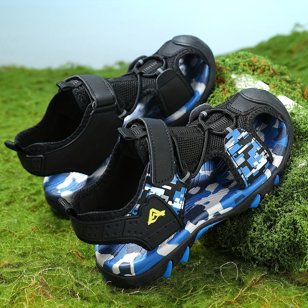 Sandalias deportivas casuales para niños con puntera redonda, cierre elástico y suela TPR