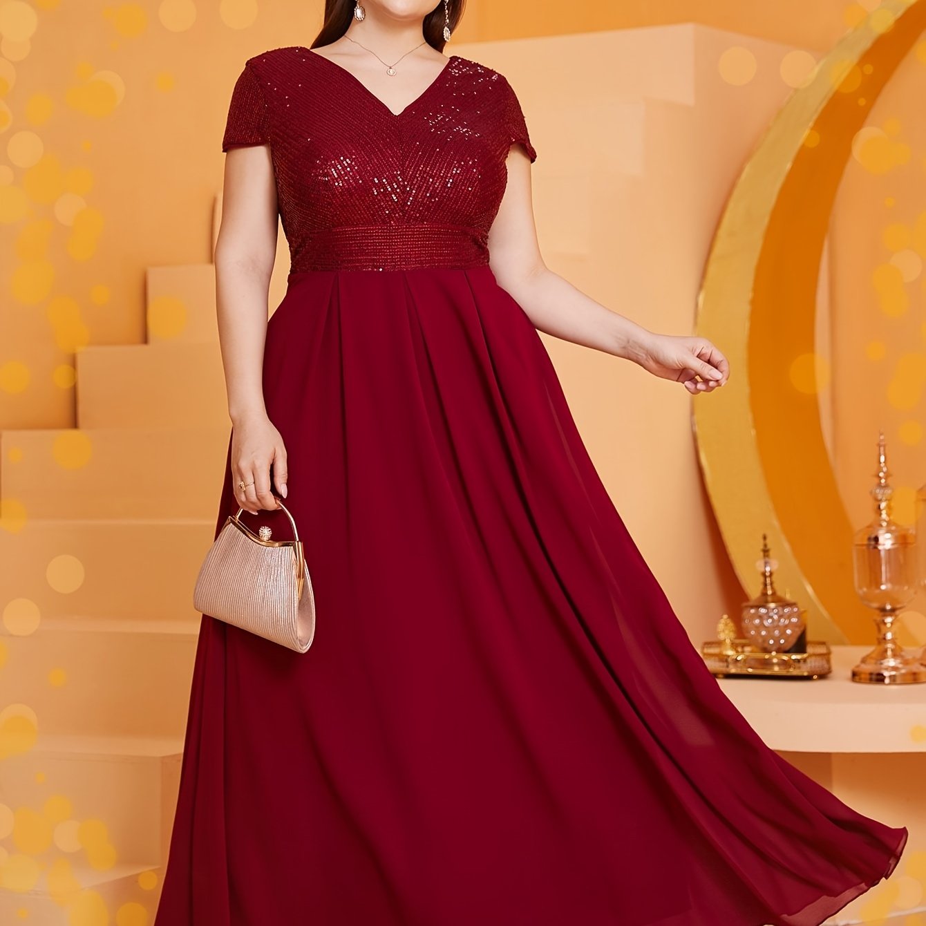 Plus Size Sequined Longline Dress V Neck Party Banquet Elegant Short Sleeve