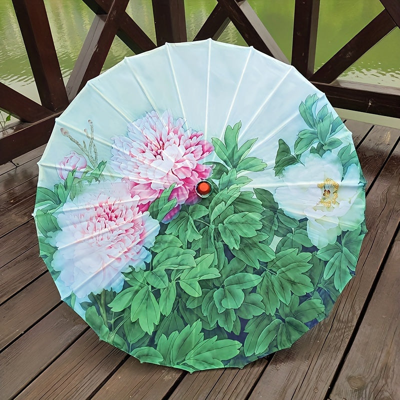 Chinese Cherry Blossom Parasol Umbrella with Silk Cloth Sun and Rain Protection