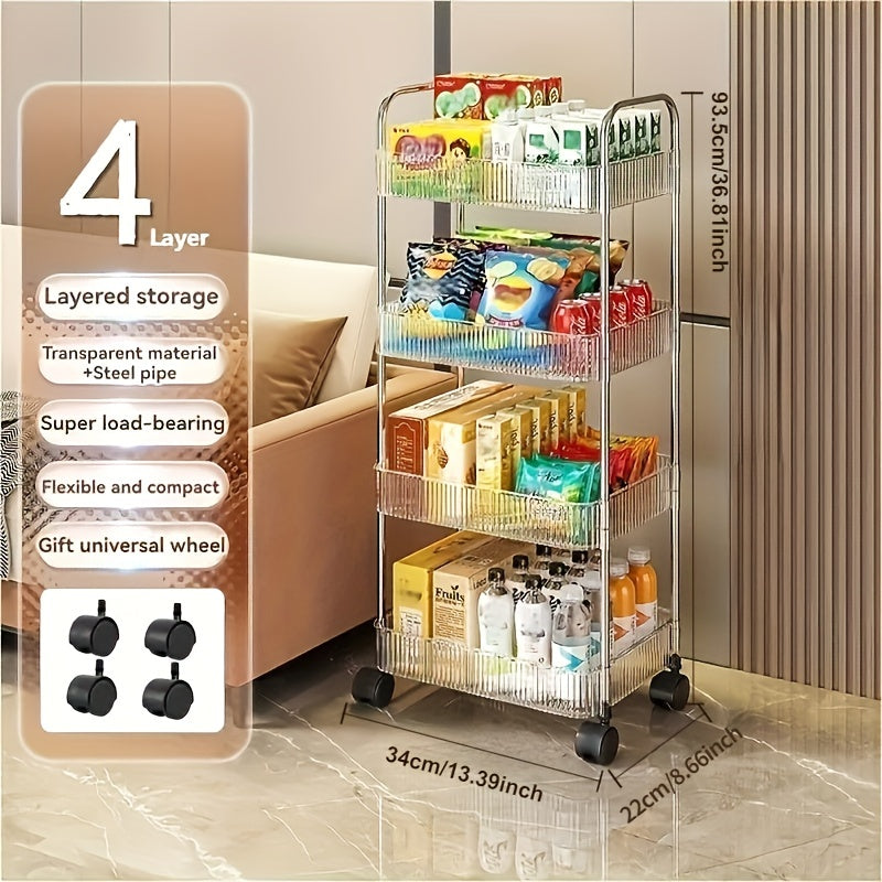 Acrylic Rolling Storage Cart with 3/4 Transparent Layers and 360° Wheels for Bedroom Bathroom Kitchen