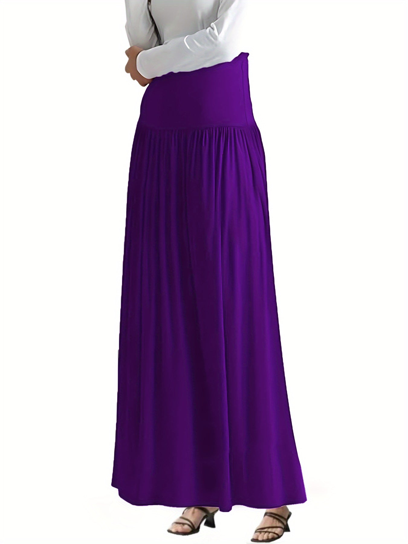 Women's Plus Size Pleated Midi Skirt with Pockets Elastic Waist Solid Color