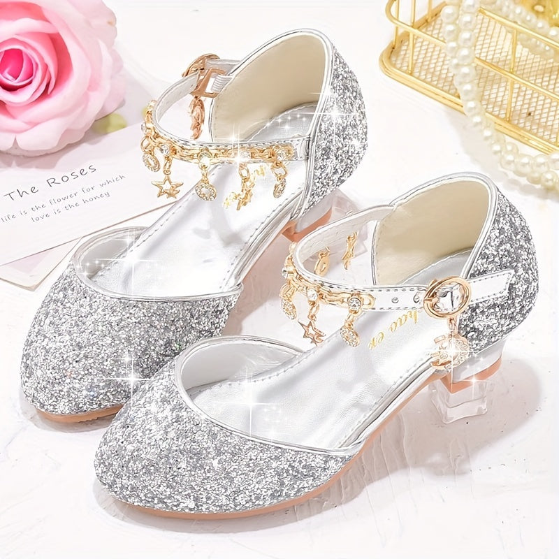 Girls High Heels Sparkling Glitter Sequin Rhinestone Star Dress Shoes for Weddings Performances