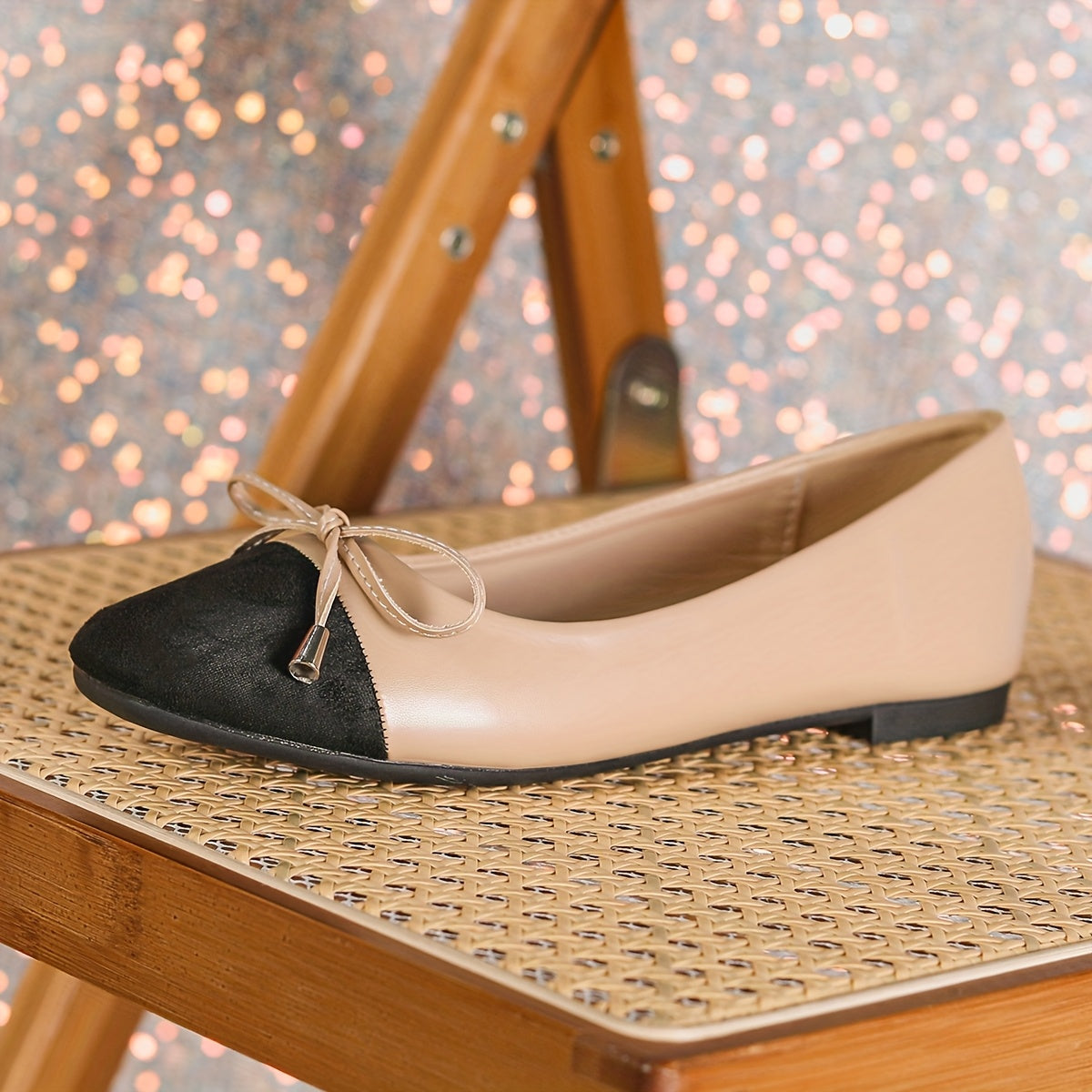 Women's Mary Jane Flats Light Brown Black Bow Casual Comfortable Slip-On Square Toe