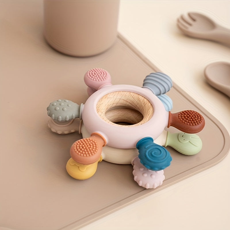 Baby Teether Silicone Rudder Shape with Wooden Ring BPA Free for Newborns
