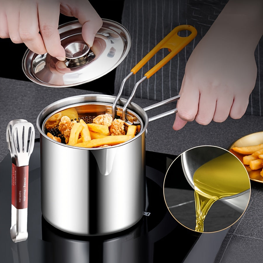 Deep fryer pot 1.2L stainless steel with drain basket lid tongs for home camping