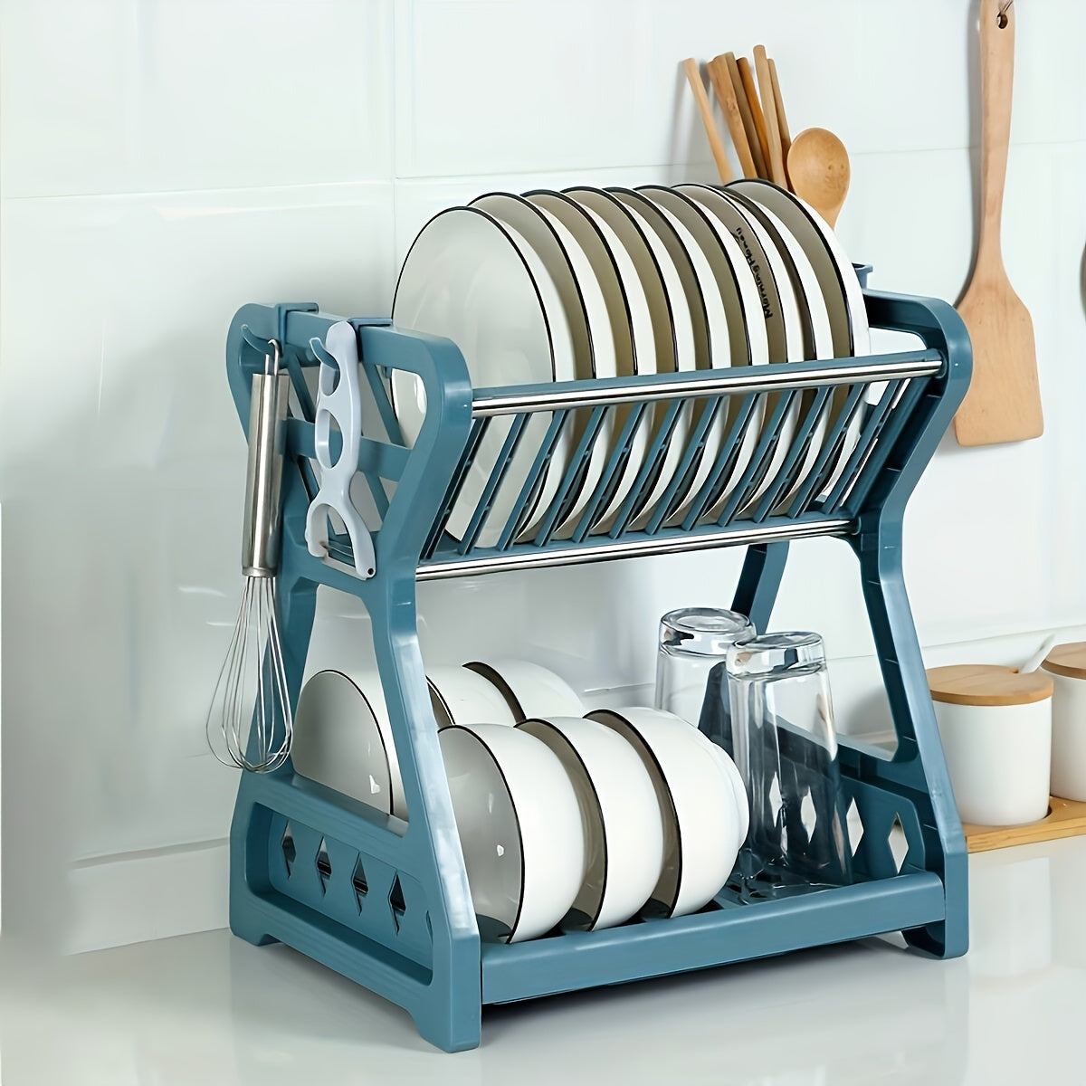 Plastic Kitchen Dish Rack Two Tiers Open Storage No Wood No Electricity