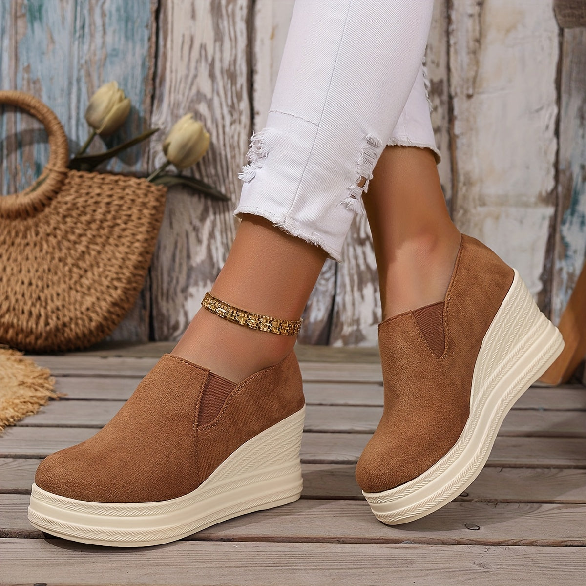 Women's Wedge Platform Flats Faux Straw Rope Sole Fashion Shoes