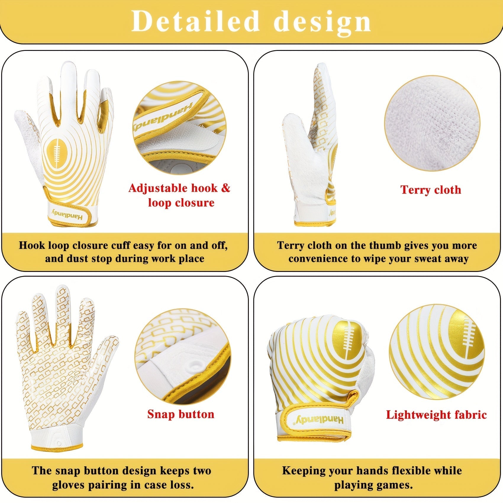 Unisex Football Gloves Dual Colors Adjustable Grip Absorbent Terry Cloth