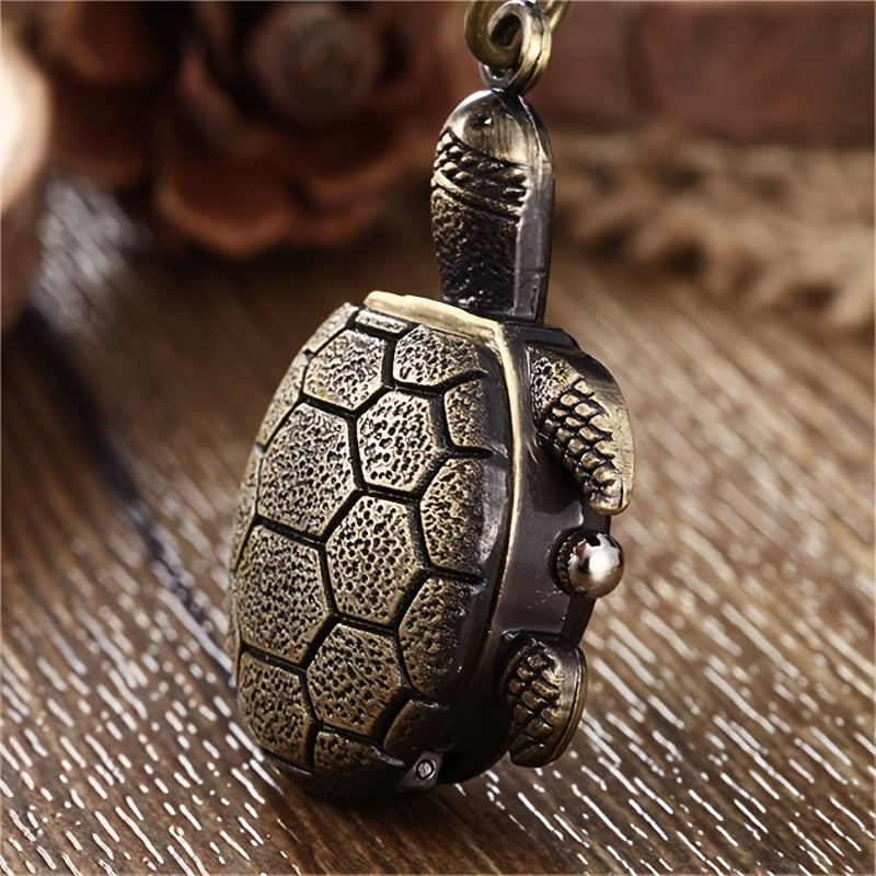 Women's Vintage Turtle Flip Cover Keychain Watch with Quartz Movement and Cartoon Pendant