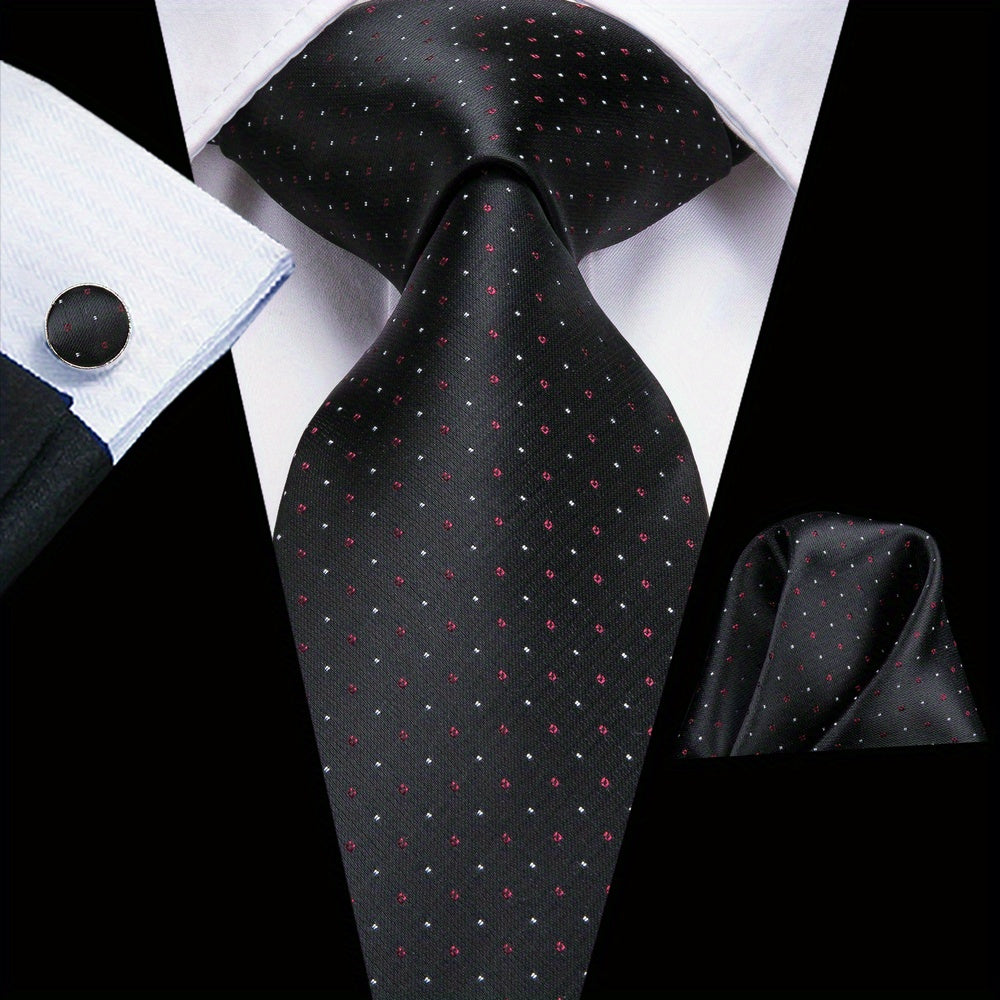 Men's Jacquard Woven Black Tie Set with Cufflinks and Hanky for Weddings and Business