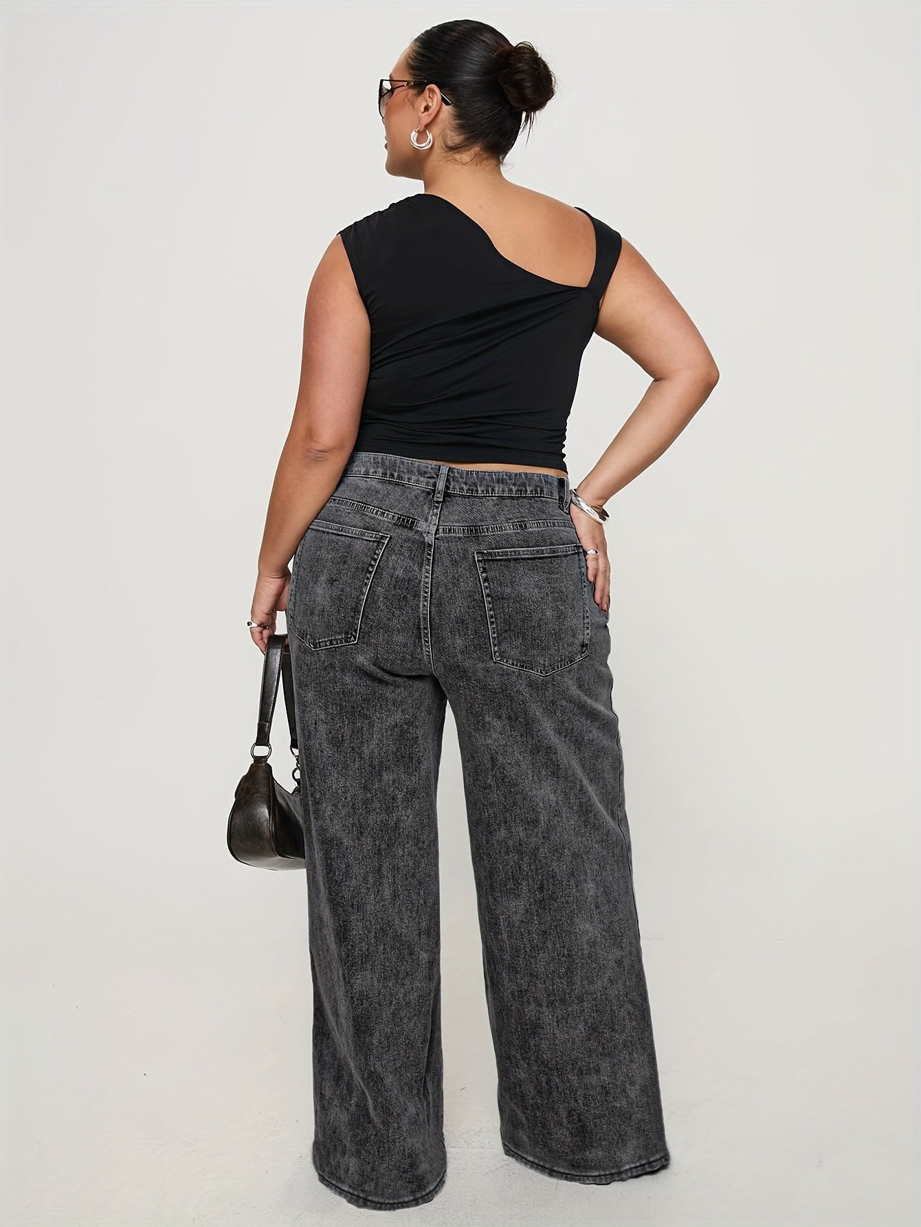 Women High Waist Stretch Denim Jeans Wide Leg Solid Color Casual